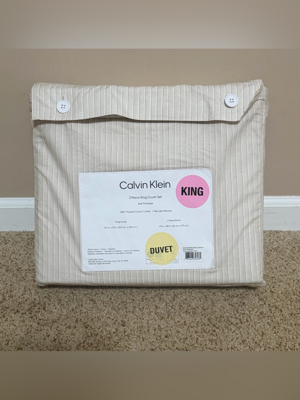 Calvin Klein King Duvet Set - Beige Pinstripe